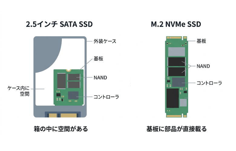 2.5インチ SATA SSD と M.2 NVMe SSD の構造差