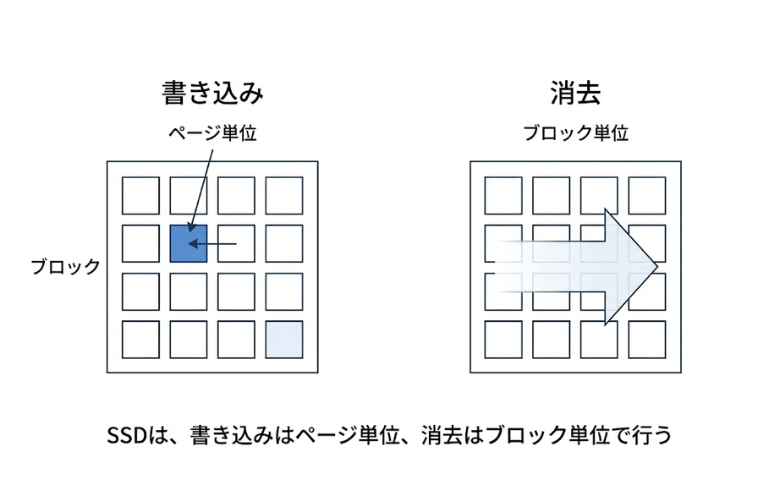 TRIM と GC による消去の流れ